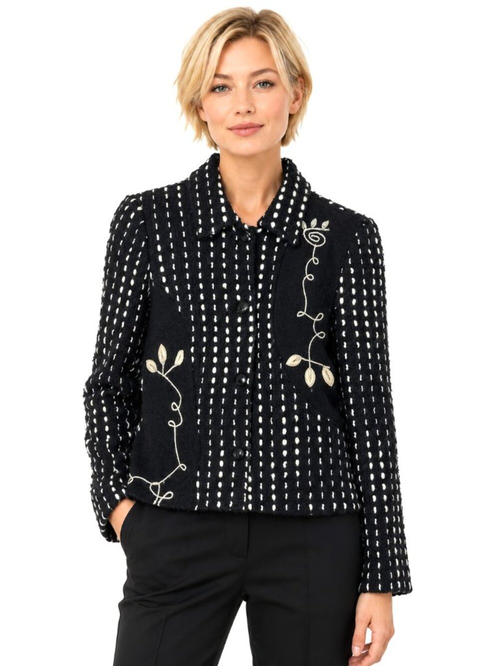 Vintage Canvasbacks Black White Embroidered Wool Tweed Jacket